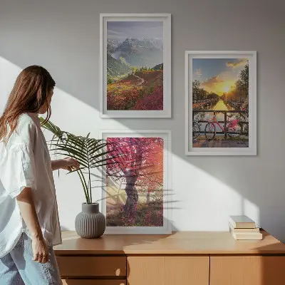 Conjunto de quadros para sala de estar com paisagens de montanha vistas de bicicleta
