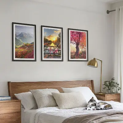 Conjunto de quadros para sala de estar com paisagens de montanha vistas de bicicleta