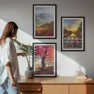 Conjunto de quadros para sala de estar com paisagens de montanha vistas de bicicleta