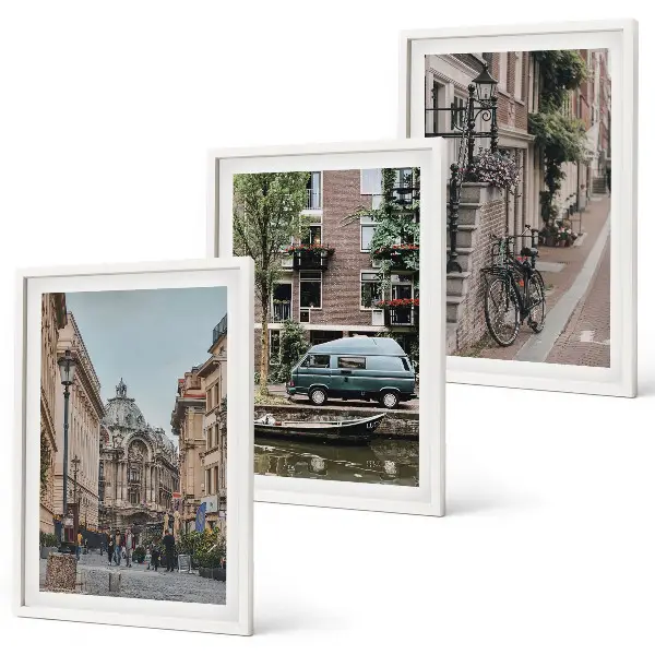 Conjunto de quadros para sala de estar com vistas da cidade e edifícios