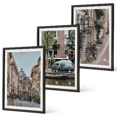 Conjunto de quadros para sala de estar com vistas da cidade e edifícios
