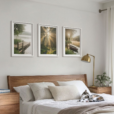 Conjunto de 3 quadros com moldura Lago, floresta, barco, neblina matinal