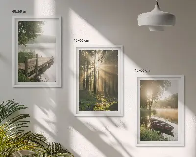 Conjunto de 3 quadros com moldura paisagem de lago, floresta e barco sob neblina matinal