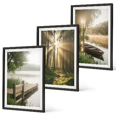 Conjunto de 3 quadros com moldura paisagem de lago, floresta e barco sob neblina matinal