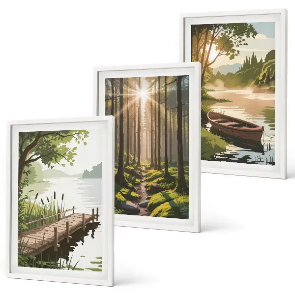Conjunto de quadros para sala de estar paisagem da floresta com lago e barco