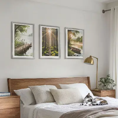 Conjunto de quadros para sala de estar paisagem da floresta com lago e barco