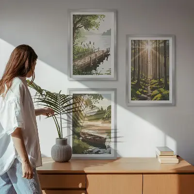 Conjunto de quadros para sala de estar paisagem da floresta com lago e barco