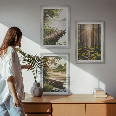 Conjunto de quadros para sala de estar Paisagem da floresta, lago, barco