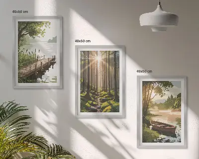 Conjunto de quadros para sala de estar paisagem da floresta com lago e barco