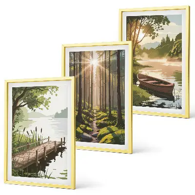 Conjunto de quadros para sala de estar paisagem da floresta com lago e barco