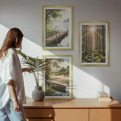 Conjunto de quadros para sala de estar paisagem da floresta com lago e barco