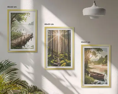 Conjunto de quadros para sala de estar paisagem da floresta com lago e barco