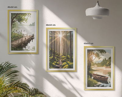 Conjunto de quadros para sala de estar Paisagem da floresta, lago, barco