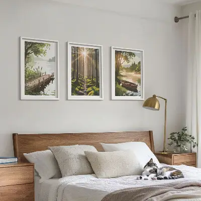 Conjunto de quadros para sala de estar paisagem da floresta com lago e barco