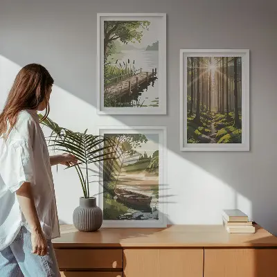 Conjunto de quadros para sala de estar paisagem da floresta com lago e barco