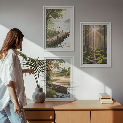 Conjunto de quadros para sala de estar Paisagem da floresta, lago, barco