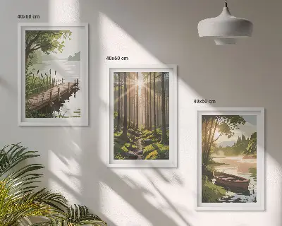 Conjunto de quadros para sala de estar paisagem da floresta com lago e barco