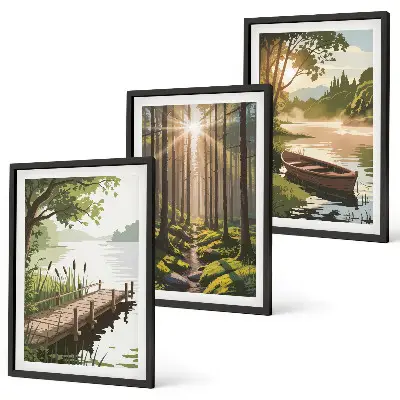 Conjunto de quadros para sala de estar paisagem da floresta com lago e barco