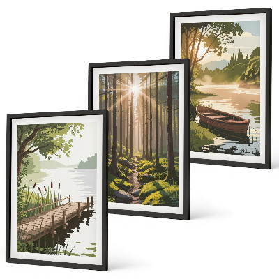 Conjunto de quadros para sala de estar Paisagem da floresta, lago, barco