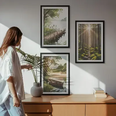 Conjunto de quadros para sala de estar paisagem da floresta com lago e barco