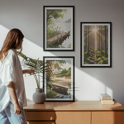 Conjunto de quadros para sala de estar Paisagem da floresta, lago, barco