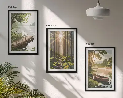 Conjunto de quadros para sala de estar paisagem da floresta com lago e barco