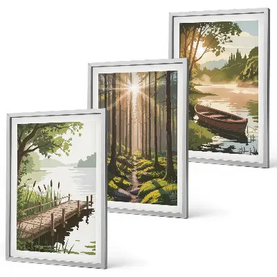 Conjunto de quadros para sala de estar paisagem da floresta com lago e barco