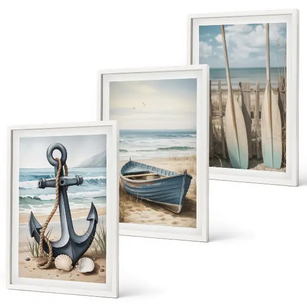 Conjunto de quadros decorativos modernos com tema de âncora, barco, remos e praia