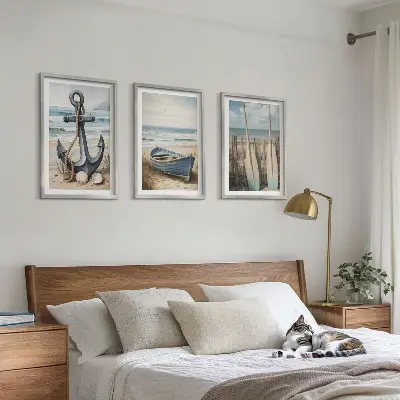 Conjunto de quadros decorativos modernos com tema de âncora, barco, remos e praia
