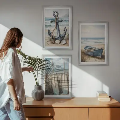 Conjunto de quadros decorativos modernos com tema de âncora, barco, remos e praia
