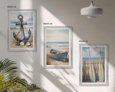 Conjunto de quadros decorativos modernos com tema de âncora, barco, remos e praia