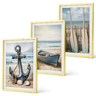 Conjunto de quadros decorativos modernos com tema de âncora, barco, remos e praia