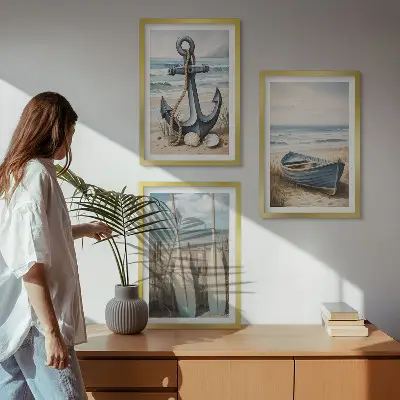 Conjunto de quadros decorativos modernos com tema de âncora, barco, remos e praia