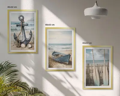 Conjunto de quadros decorativos modernos com tema de âncora, barco, remos e praia