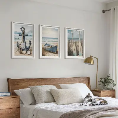 Conjunto de quadros decorativos modernos com tema de âncora, barco, remos e praia