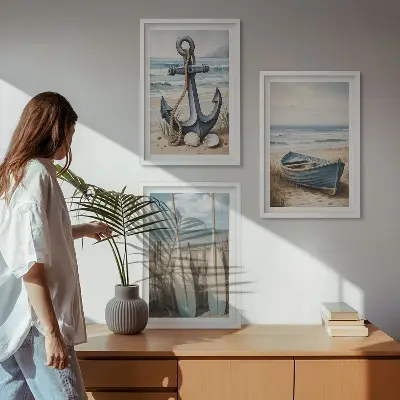 Conjunto de quadros decorativos modernos com tema de âncora, barco, remos e praia