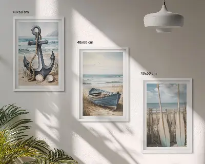 Conjunto de quadros decorativos modernos com tema de âncora, barco, remos e praia