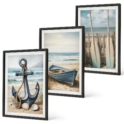 Conjunto de quadros decorativos modernos com tema de âncora, barco, remos e praia