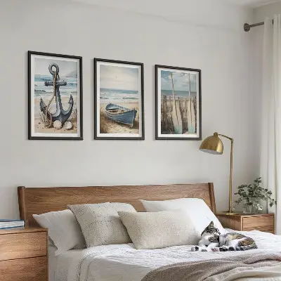 Conjunto de quadros decorativos modernos com tema de âncora, barco, remos e praia
