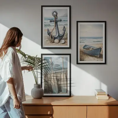 Conjunto de quadros decorativos modernos com tema de âncora, barco, remos e praia