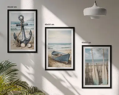 Conjunto de quadros decorativos modernos com tema de âncora, barco, remos e praia