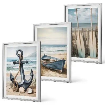 Conjunto de quadros decorativos modernos com tema de âncora, barco, remos e praia