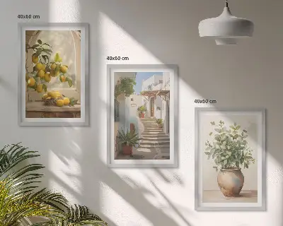Conjunto de 3 quadros com moldura estampa de limões em vaso de plantas