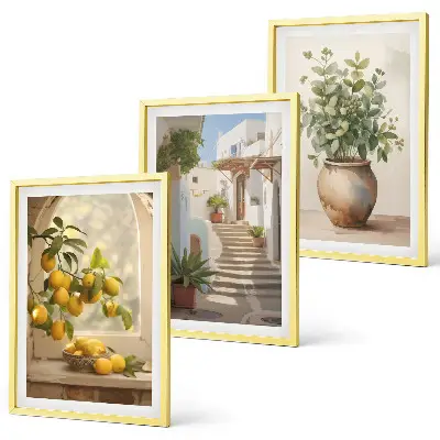 Conjunto de 3 quadros com moldura estampa de limões em vaso de plantas