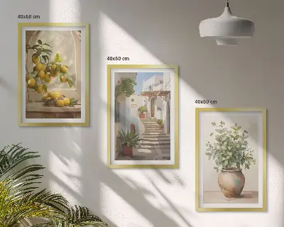 Conjunto de 3 quadros com moldura estampa de limões em vaso de plantas