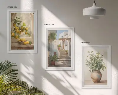 Conjunto de 3 quadros com moldura estampa de limões em vaso de plantas
