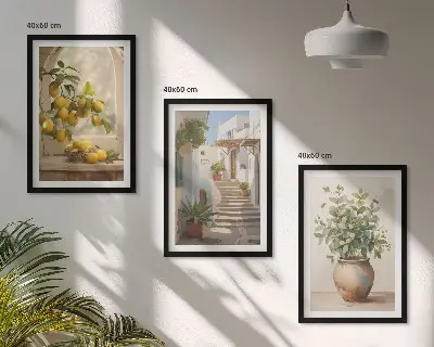 Conjunto de 3 quadros com moldura estampa de limões em vaso de plantas