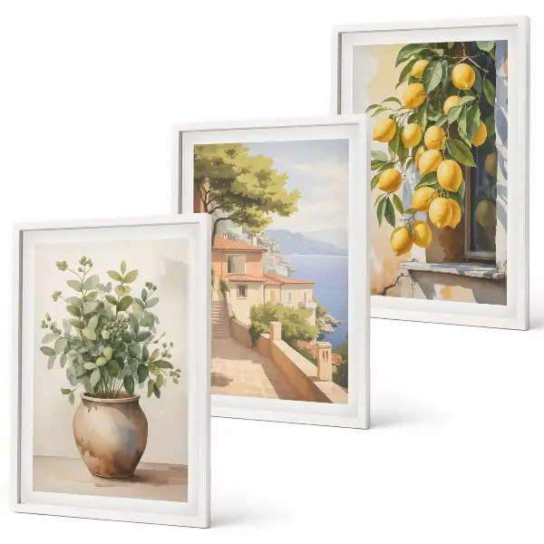 Conjunto de quadros para sala de estar flores num vaso e um mar de limões