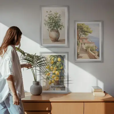 Conjunto de quadros para sala de estar flores num vaso e um mar de limões