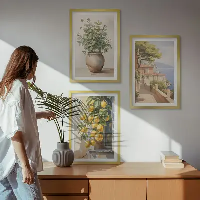 Conjunto de quadros para sala de estar flores num vaso e um mar de limões